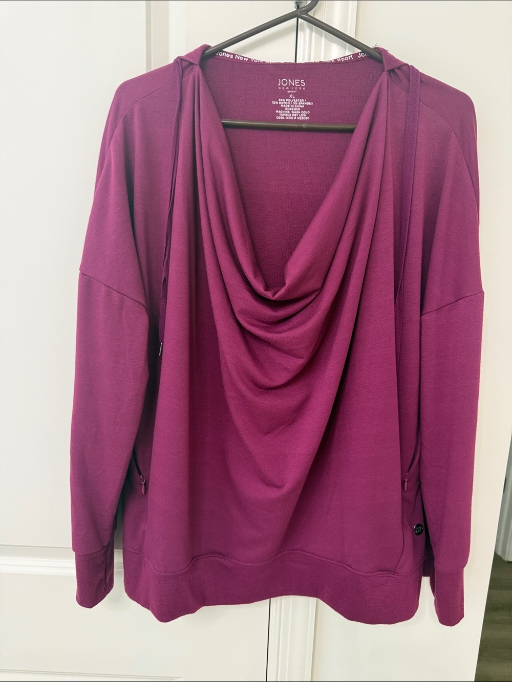 Jones New York Draped Cowl Neck hoodie with zipper pockets- Berry Plum